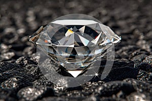 Shiny diamond close-up on gray background, luxury brilliant on dark table. Theme of jewel, jewelry, gem, white gemstone, stone,
