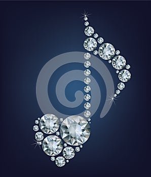 Shiny Diamond Music Note symbol with heart made a lot of diamonds