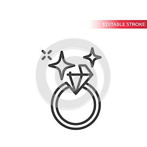 Shiny diamond ring line vector icon. Wedding or engagement ring.