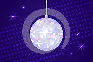 Shiny disco ball on dark blue background. Glowing colorful discoball. Night club party equipment. Luminous mirror ball
