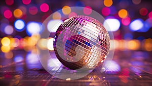 Shiny disco ball illuminates vibrant nightclub celebration generated by AI