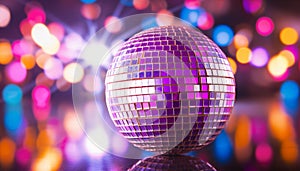 Shiny disco ball illuminates vibrant nightclub generated by AI