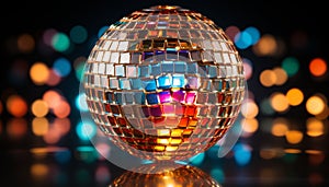 Shiny disco ball illuminates vibrant nightclub, glowing with celebration generated by AI