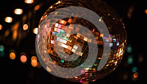 Shiny disco ball illuminates vibrant nightclub with multi colored lighting equipment generated by AI