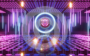 Shiny disco ball with neon light background, 3d rendering