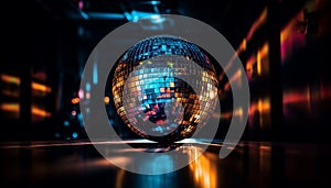 Shiny disco ball turning on illuminated dance floor at nightclub generated by AI