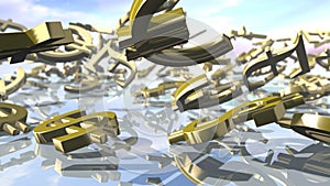 Shiny dollar, euro, pound and yen money signs falling down. 3D rendering