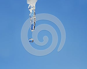 Shiny dripping icicle on blue sky background