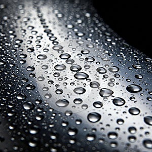 Shiny droplets of water spread across a dark, reflective surface. Each droplet varies in photo