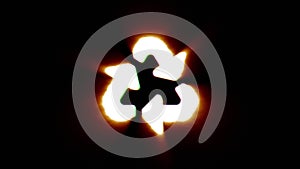 Shiny fire recycle icon fly in center flickers with rgb spectrum colors.