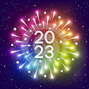 Shiny fireworks on rainbow starry sky background for 2023 New Year design