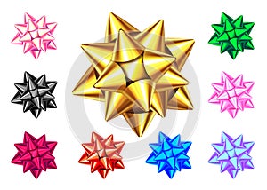 Shiny gift bow isolated on white background. Blue, golden, red, green, pink, black, purple Christmas, New Year decoration. Vector