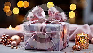 Shiny gift box illuminated with glowing candle, Christmas celebration generated by AI
