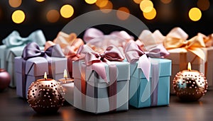 Shiny gift box illuminated with glowing candle, winter celebration generated by AI