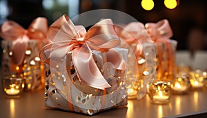 Shiny gift box illuminates celebration, glowing candle decorates birthday generated by AI