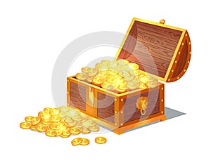 Shiny Gold Ancient Coins in Old Open Wooden Chest