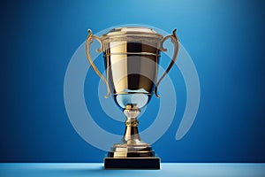 Shiny Gold Award Trophy Symbolizing Honor and Accomplishment on a Clean Blue Background. Generative AI photo