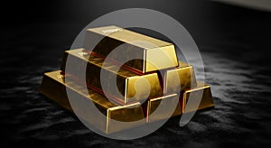 Shiny Gold Bars Stacked on Black Surface