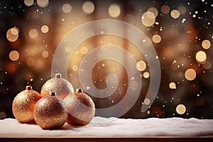 shiny gold Christmas ball bouncing in front of blurred Christmas candle light and unfocused bokeh