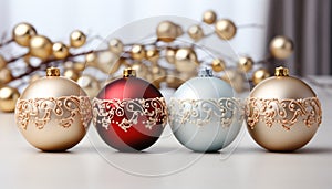 Shiny gold Christmas ornaments decorate the vibrant blue background generated by AI