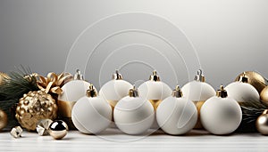 Shiny gold Christmas ornaments decorate the winter background beautifully generated by AI
