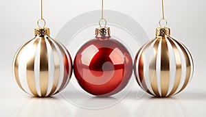 Shiny gold Christmas ornaments decorate the winter background with joy generated by AI