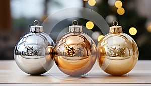 Shiny gold Christmas ornaments illuminate the winter celebration background generated by AI