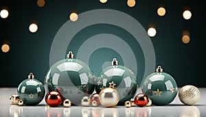 Shiny gold Christmas ornaments illuminate the winter celebration generated by AI