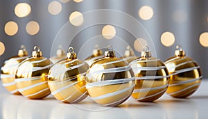 Shiny gold Christmas ornaments illuminate the winter season celebration generated by AI