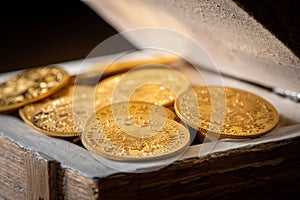 Gold coins in a small wooden box photo