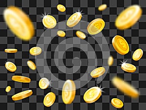 Shiny gold coins explosion. Falling money. Vector illustration concept