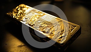 Shiny gold coins stack on antique book generated by AI