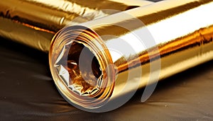 Shiny gold colored document rolled up on metal equipment generated by AI