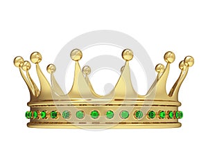 Shiny gold crown decorated with green precious gems