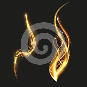 Shiny gold glowing lines swirl trail, golden smoke vector light effect