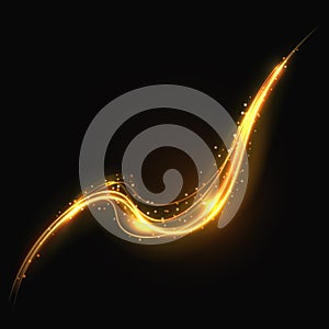 Shiny gold glowing lines swirl trail, golden smoke vector light effect for cosmetics presentation