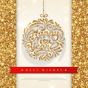 Shiny Gold Greeting Card with Christmas Bauble