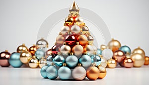 Shiny gold ornament decorates winter tree, bringing Christmas joy generated by AI