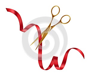 Shiny Gold Scissors, Red Ribbon. Festive Opening Event