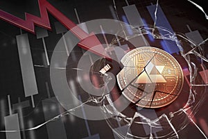Shiny golden AUCTUS cryptocurrency coin broken on negative chart crash baisse falling lost deficit 3d rendering photo