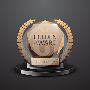 Shiny golden award with laurels on black pedestal