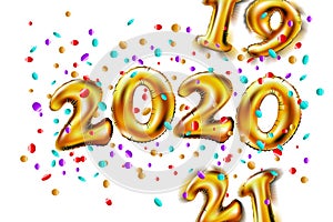 Shiny golden balloons numbers 2019 2020 2021. new year. change of years. background of multicolored sequin. candy Vector