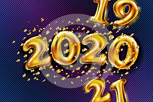 Shiny golden balloons numbers 2019 2020 2021. new year. change of years. background of multicolored sequin. candy Vector