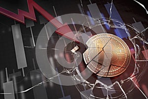 Shiny golden BITCOIN cryptocurrency coin broken on negative chart crash baisse falling lost deficit 3d rendering photo