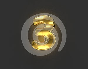 Shiny golden brassy font - number 3 isolated on dark grey, 3D illustration of symbols