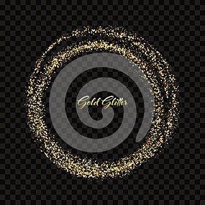 Shiny golden circle frame, sparkling golden frame on black background. Festive border. Vector illustration.