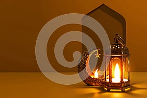 Shiny golden crescent moon with star lantern and arabic lantern on the mosque window arch at night
