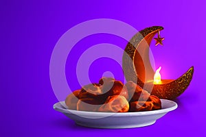 Shiny golden crescent moon with star lantern and bowl of fresh dried dates isolated on purple backgrounds