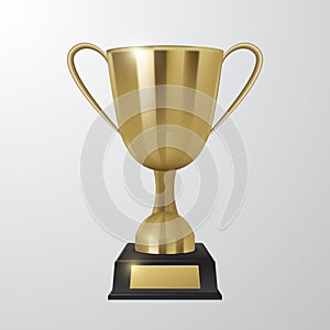 Shiny golden cup on a black pedestal, vector illustration of golden award