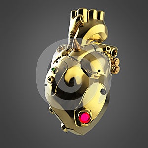 Shiny golden cyborg techno heart with shiny golden details and colored glass indicators,
